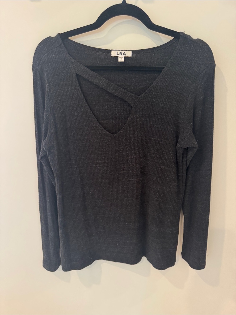 LNA Black Cross-Detail V-Neck Long Sleeve Top